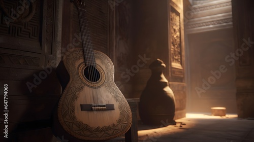 une guitare acoustique dans une piece en bois, généré par IA photo