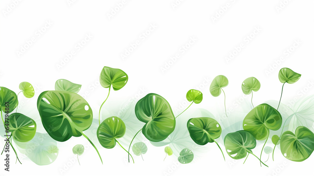 Set of Lush Green Leaves with Dewdrops on a Clean White Background, Mural Style