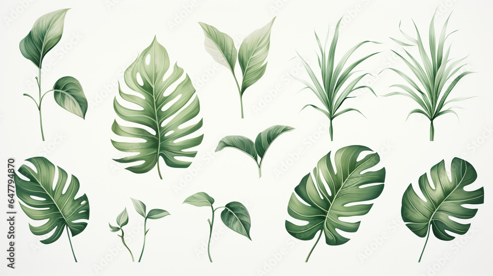 custom made wallpaper toronto digitalSet of Monstera and Bird of Paradise Leaves on a White Background, Mural Style
