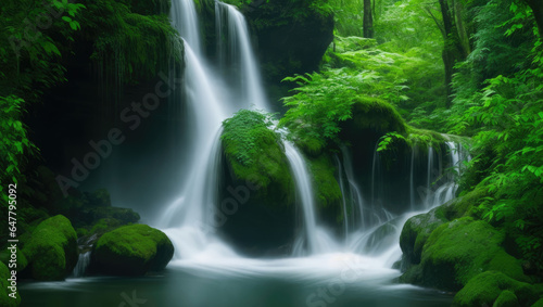 Mesmerizing beauty of a cascading waterfall surrounded by lush foliage, using a DSLR camera to freeze the dynamic flow of water, the vibrant greenery, and the ethereal mist in the air.