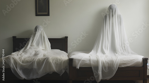 Ghost with a white sheet in a room. Halloween appearance of a paranormal entity or poltergeist in a sinister room. 