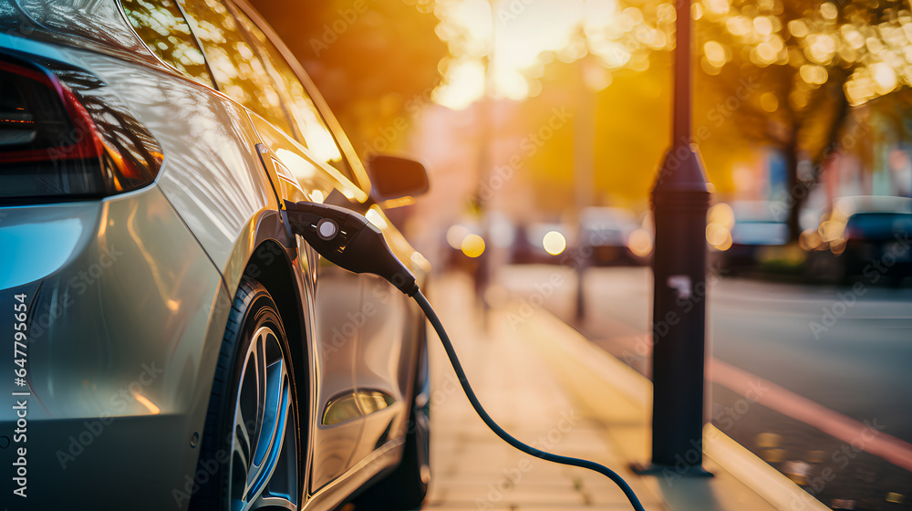 5. EV car with Electric charging station charger on the streets. 5. EV car with Electric charging station charger on the streets.