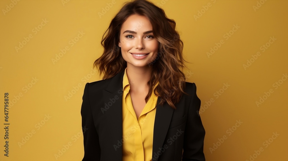 beautiful smiling businesswoman in suit over yellow background, looking at camera beautiful smiling businesswoman in suit over yellow background, looking at camera
