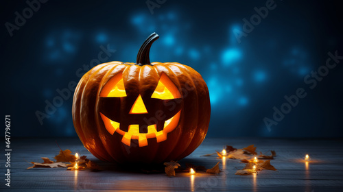 Halloween background. Spooky pumpkin with moon and dark forest. Halloween design with copyspace