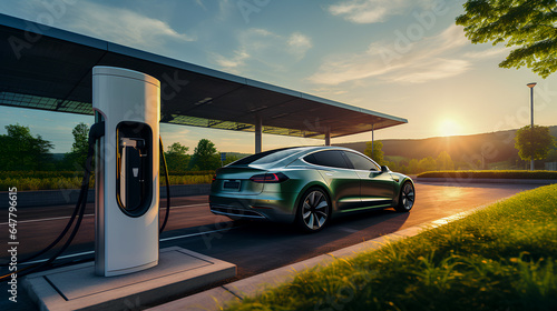 A Modern EV car at a charging station for a green electric car. The electric car at a charging station that meets the environmental protection solutions of are future. © Stewart Bruce