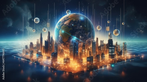 Futuristic city with planet earth hologram in space