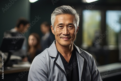 asian doctor standing and looking at camera with people in the background, elderly man smiling at camera photo