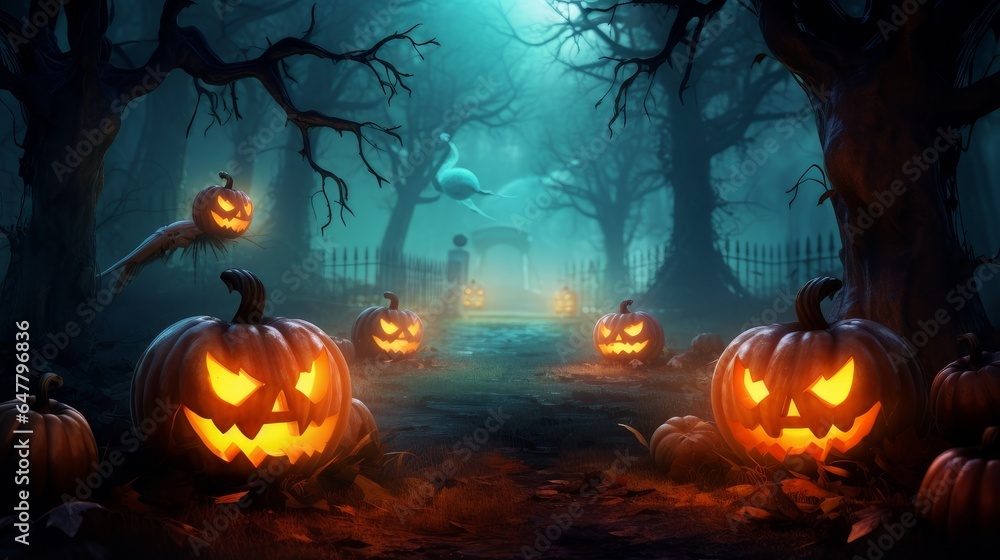 Jack O' Lanterns glowing in a fantastic night. Halloween background