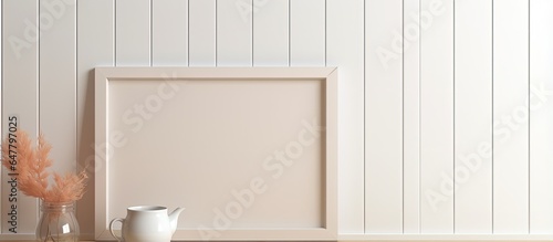 Empty wooden frame mockups with coffee linen table cloth white wall paneling Scandinavian home design Art concept