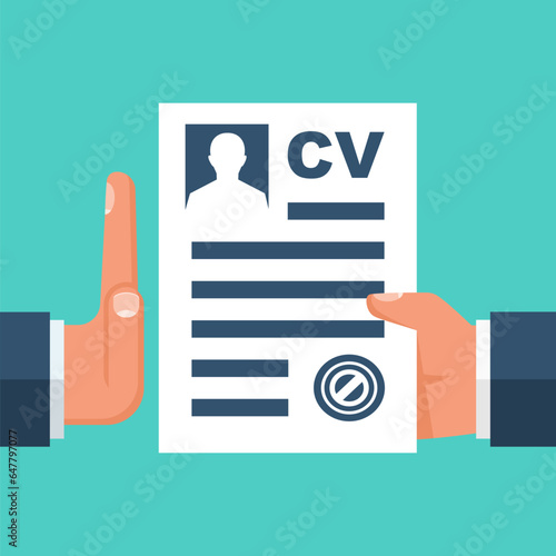 Reject resume. Head hunter declines with a resume hand gesture. The job application is rejected. Vector flat design. Isolated on white background. Bad news about work.