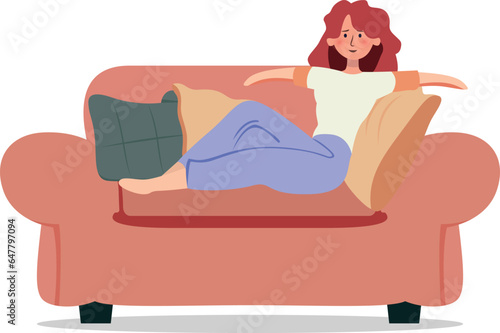 Girl spends time at home leisurely laying on a couch flat style vector illustration, Woman chilling on sofa stock vector image
