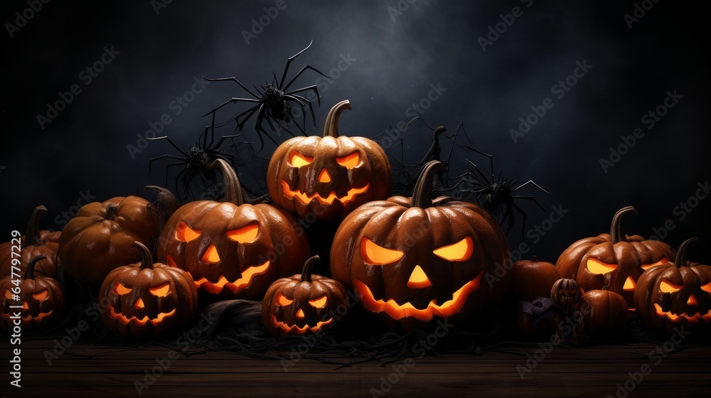 Halloween dark background with pumpkins and spiders Halloween dark background with pumpkins and spiders
