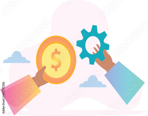 Business creativity and innovation merger to puzzle pieces gears coins chat bubbles and characters.