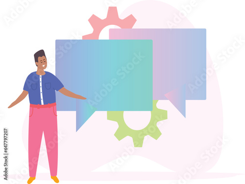 Business creativity and innovation merger to puzzle pieces gears coins chat bubbles and characters.