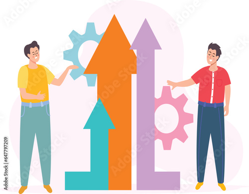 Business creativity and innovation merger to puzzle pieces gears coins chat bubbles and characters.
