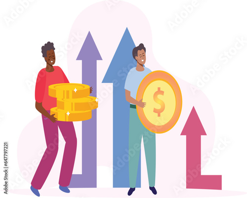 Business creativity and innovation merger to puzzle pieces gears coins chat bubbles and characters.