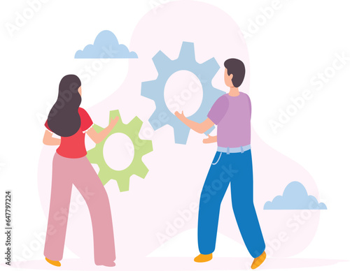 Business creativity and innovation merger to puzzle pieces gears coins chat bubbles and characters.