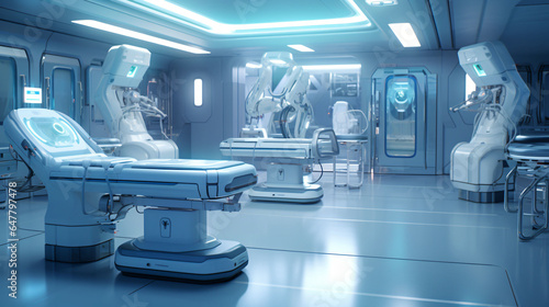 futuristic ai surgery room powered by AI robotshospital, room, interior, equipment, office, clinic, health, medical, chair, dentist, medicine, dental, surgery, healthcare, doctor, bed, clean, care