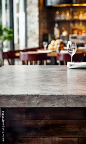 Template gray marble counter bar with empty surface in front of restaurant.