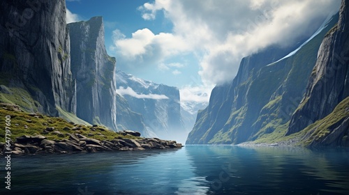 a dramatic and steep-sided fjord carved by glacial activity, with towering cliffs and pristine waters reflecting the sky