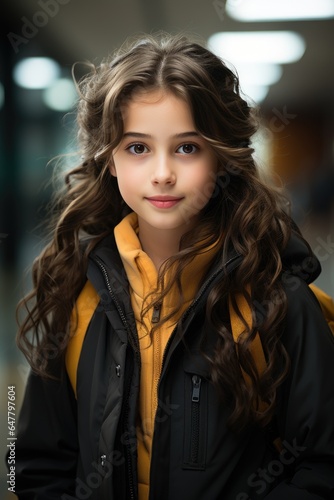 The cute 10 year school girl stands smiling in front of the camera. Generative AI © piai