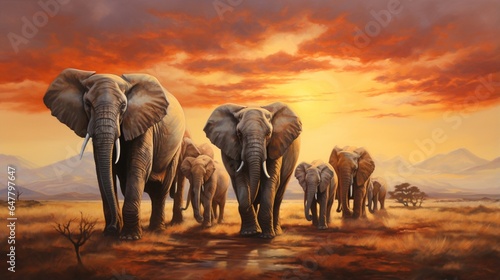 a family of elephants, walking in unison across a vast savannah under the golden African sun © Muhammad