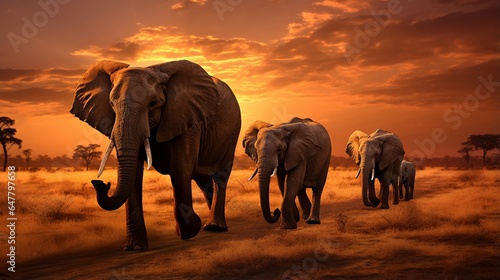 a family of elephants, walking in unison across a vast savannah under the golden African sun © Muhammad