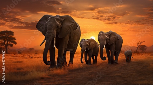 a family of elephants, walking in unison across a vast savannah under the golden African sun