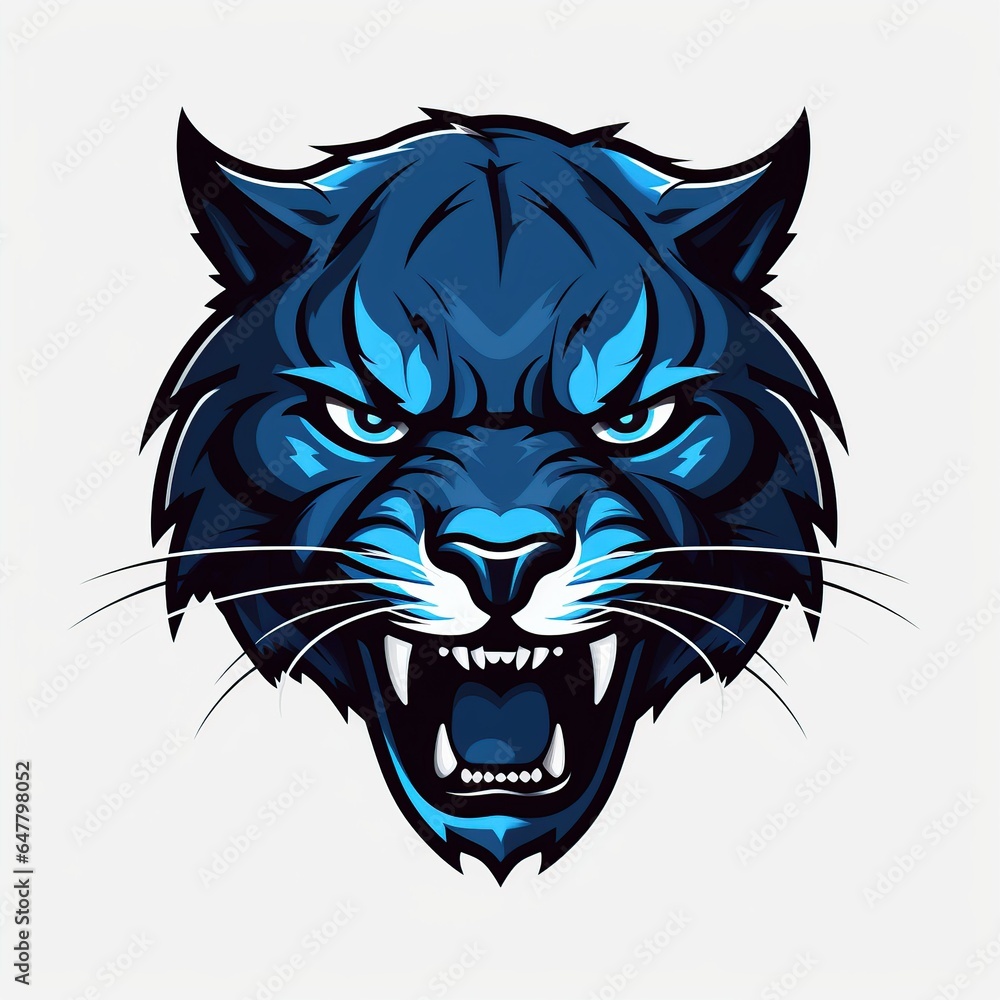 Fototapeta premium Aggressive wildcat, BLUE with black accents, illustration logo, sports style, png, blank background,Generative ai