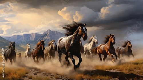 a herd of wild horses galloping freely across an expansive prairie, capturing the untamed spirit of these magnificent animals © Muhammad