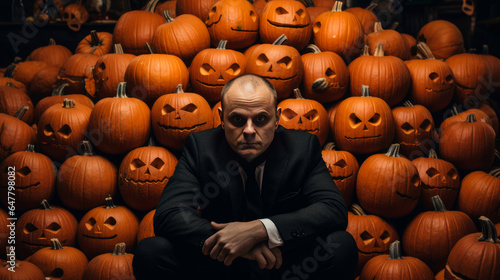 A man stands behind a pile of Halloween pumpkins