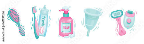 Hygiene Object and Toilet Items with Brush, Toothpaste, Soap, Menstrual Cup and Razor Vector Set