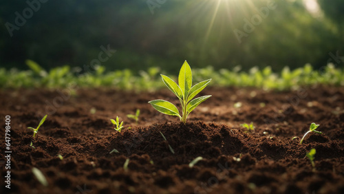 The seedling are growing from the rich soil to the morning sunlight that is shining, ecology concept. (Productive AI)