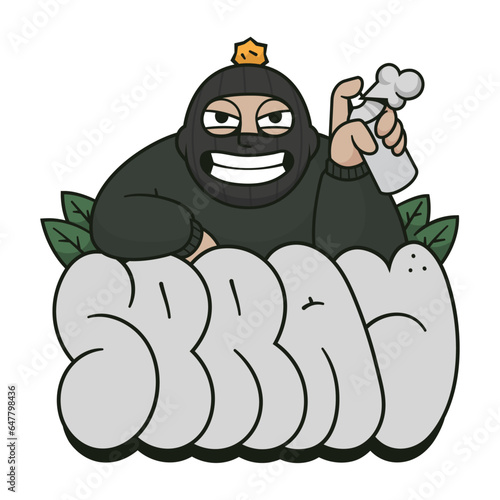 Vector illustration of a cartoon character in a black mask with a spray can in the hand.