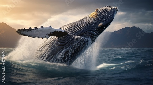 a magnificent humpback whale breaching the surface of the ocean, a breathtaking display of marine mammal behavior © Muhammad
