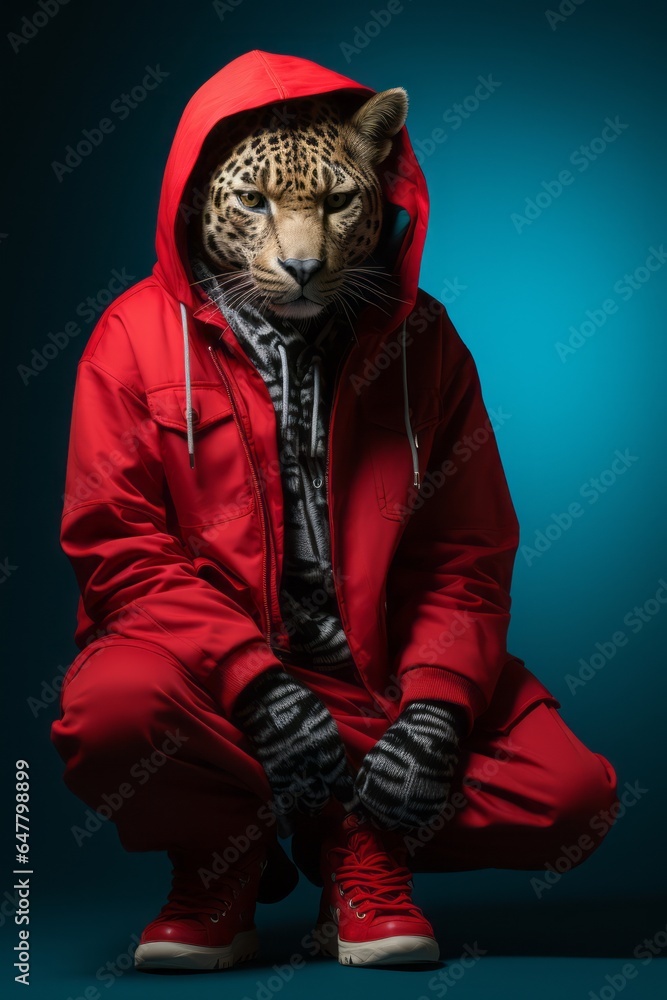 Leopard posing as a human in casual red sweatshirt and tracksuit. Wild animal as a human in sport clothes.