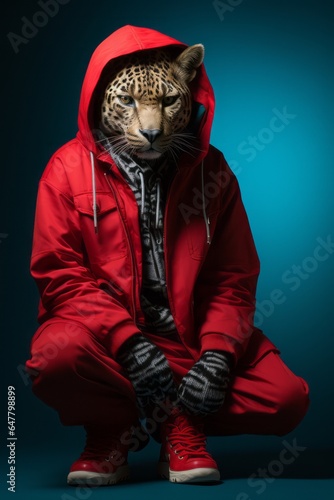 Leopard posing as a human in casual red sweatshirt and tracksuit. Wild animal as a human in sport clothes.