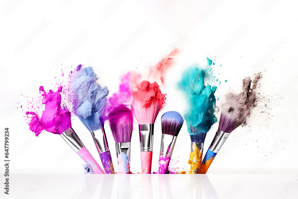 Cosmetics brushes and colorful makeup powder explosions on white background. Beauty and makeup concept. Copy space - obrazy, fototapety, plakaty 