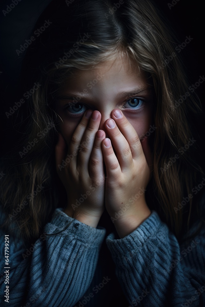 a sad girl with hands over her face. blue eyes. blond hair. depressed child. a sad girl with hands over her face. blue eyes. blond hair. depressed child.