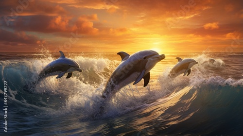 a pod of dolphins leaping joyfully out of the sparkling ocean waves, celebrating the wonders of marine life