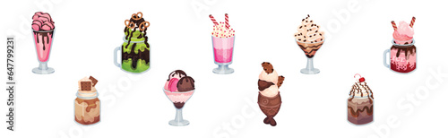 Sweet Ice Cream Dessert as Frozen Cool Summer Treat in Glass with Topping Vector Set