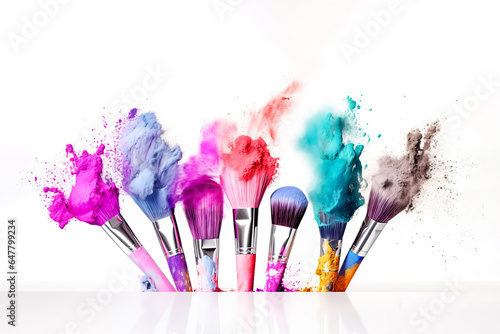 Fotografia Cosmetics brushes and colorful makeup powder explosions on white background
