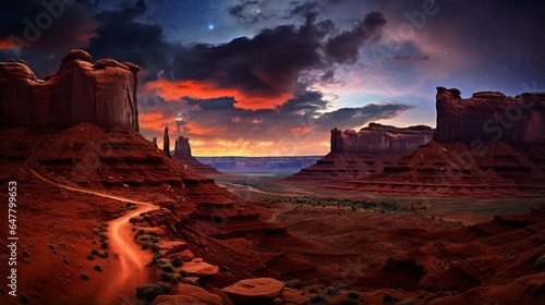 a rugged and remote desert landscape, with towering mesas and canyons under a vast and starry night sky