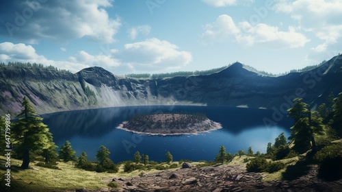 a serene and reflective crater lake within a dormant volcano, with the surrounding caldera rim rising steeply
