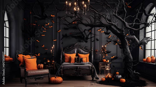 Creative Halloween decorated room. Halloween inspired bedroom with black branches, pumpkins, bats and candles. Room with black and orange colors.