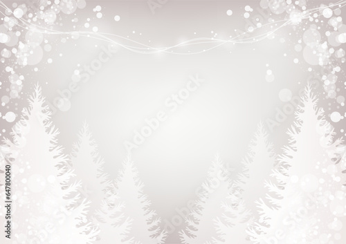 冬のキラキラ背景フレーム 白を基調とした木と雪のシンプルな飾り枠 © soo.