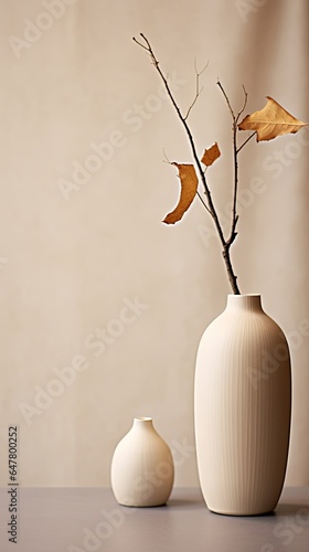 Minimalist monochrome still life composition with ceramic vase and autumn branch in beige color, Generative AI 