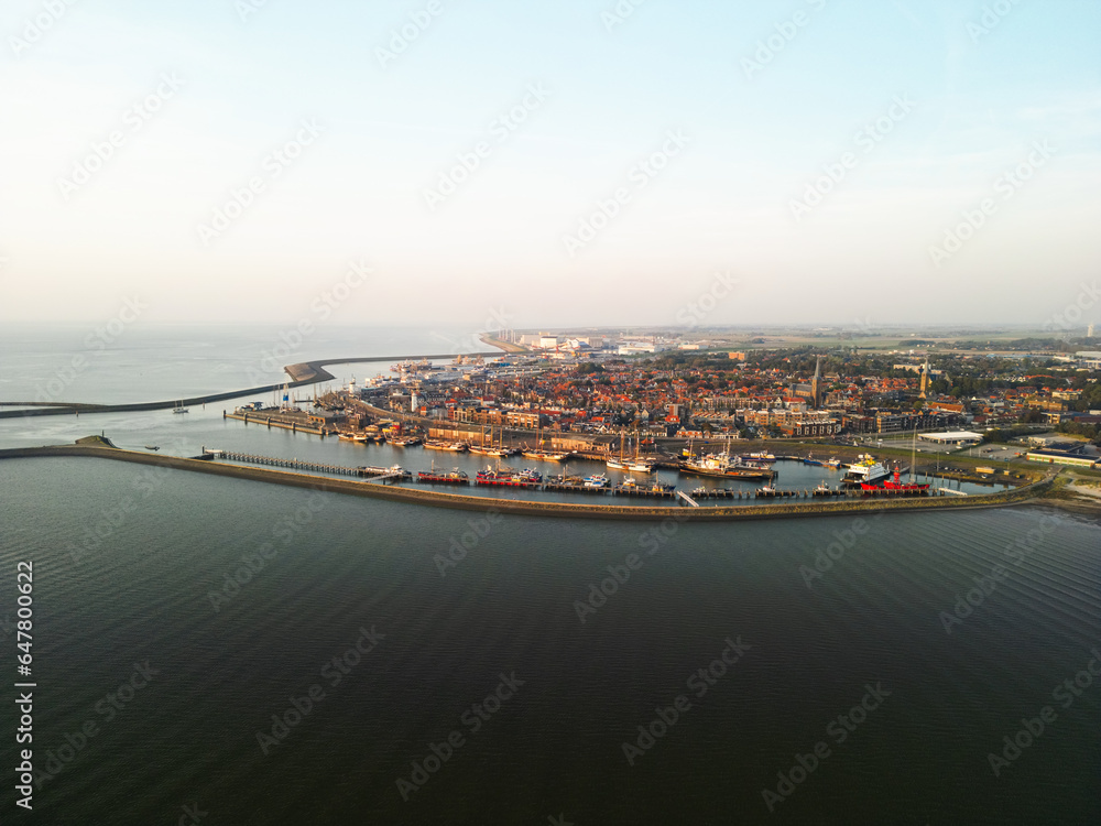 Aerial view of the city of Harlingen, at sunset in the IJsselmeer in the Netherlands.