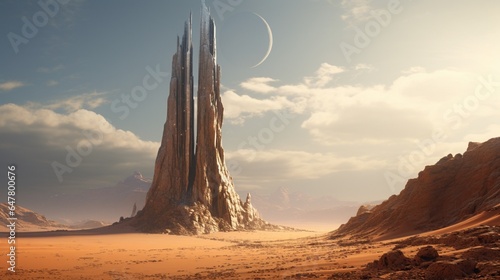 a towering and massive rock spire rising from a desert canyon floor, defying gravity and time's erosion