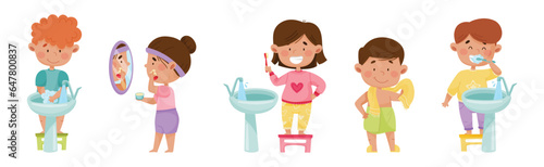 Kid Characters in the Bathroom Washing and Grooming Vector Set